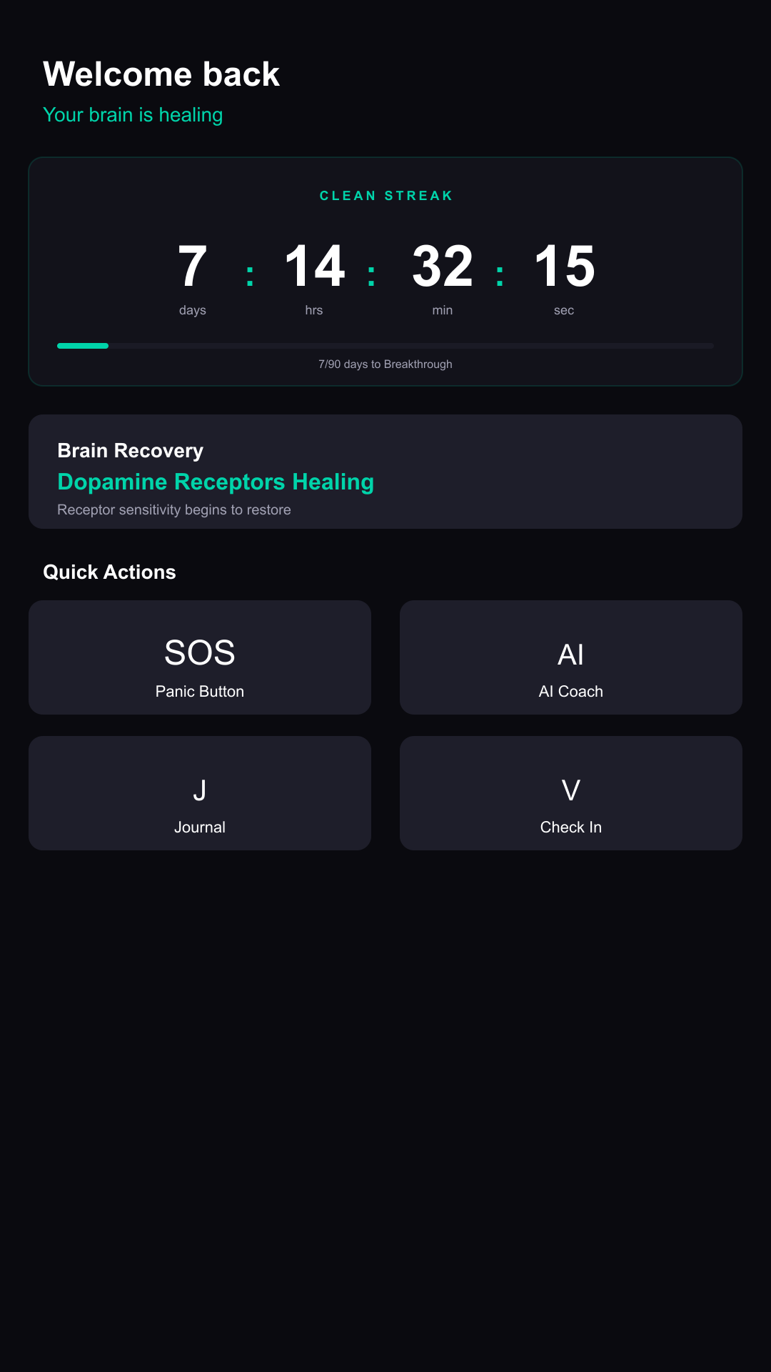 Neuro app dashboard showing live clean streak counter and brain recovery timeline